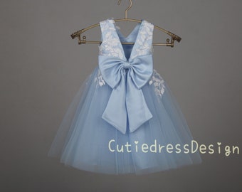 Ivory lace sky blue tulle and lining open back with bow wedding dress party dress flower girl dress - W0030M