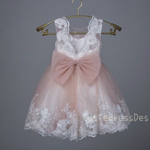 Ivory lace applique bodice open back, rose pink tulle, ivory lace trim at the bottom flower girl dress W0019M