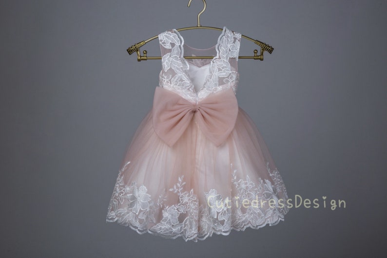 Ivory lace applique bodice open back, rose pink tulle, ivory lace trim at the bottom flower girl dress W0019M image 1