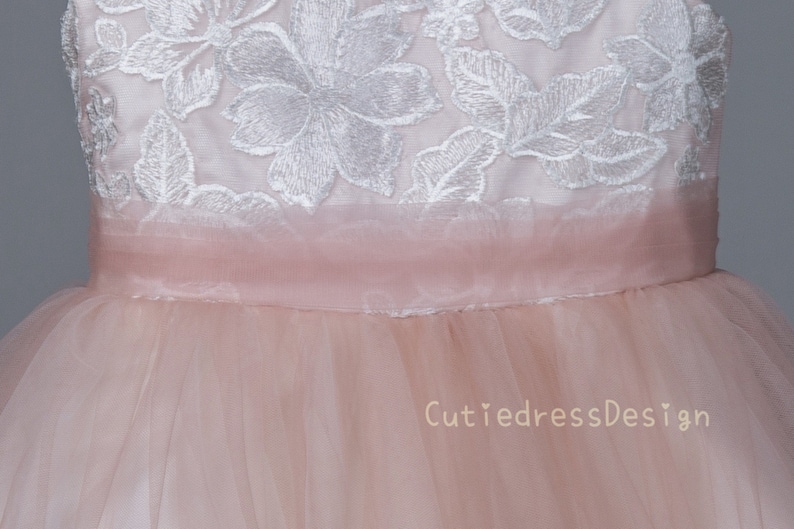 Ivory lace applique bodice open back, rose pink tulle, ivory lace trim at the bottom flower girl dress W0019M image 6