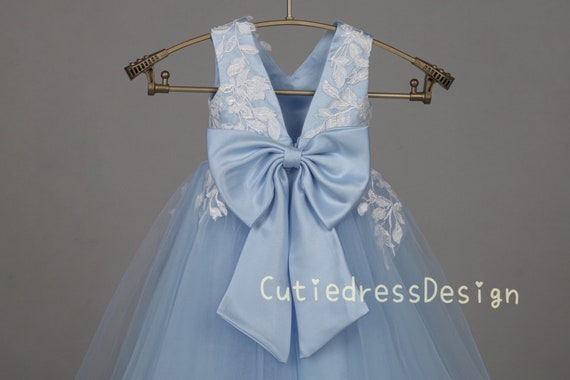 Ivory Lace Sky Blue Tulle and Lining Open Back with Bow Wedding Dress Party Dress Flower Girl Dress - W0030M