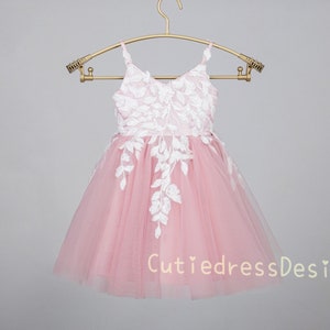 Ivory Lace Dusty Rose Pink Tulle Thin Straps Wedding Dress Party Dress Flower Girl Dress - W0031M