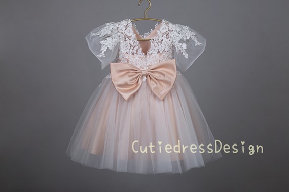 Ivory Tulle Champagne Lining, Short Sleeves Open Back with Bow Wedding Dress Party Dress Flower Girl Dress - W0029M