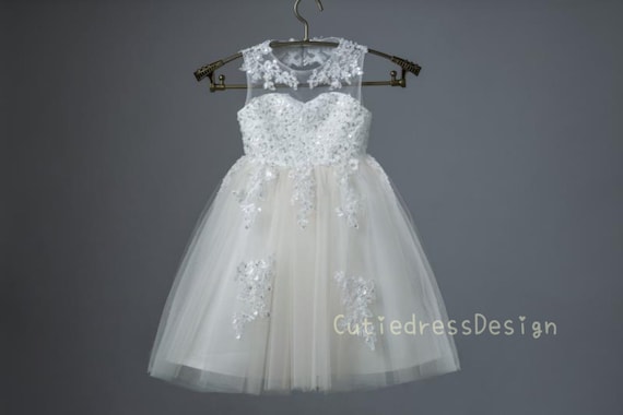 Ivory lace applique champagne tulle heart shaped back sheer neckline and handmade beaded flower girl dress W002M Ivory lace applique champagne tulle heart shaped back sheer neckline and handmade beaded flower girl dress W002M