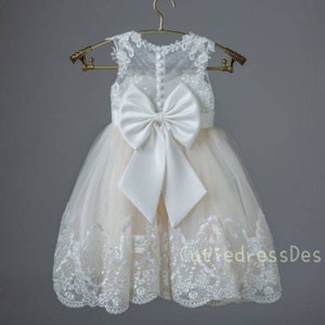 Ivory lace applique champagne tulle pretty wedding flower girl dress W0010M