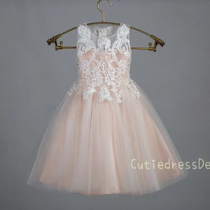 Ivory Lace, Champagne Tulle, pretty wedding flower girl dress W0028M