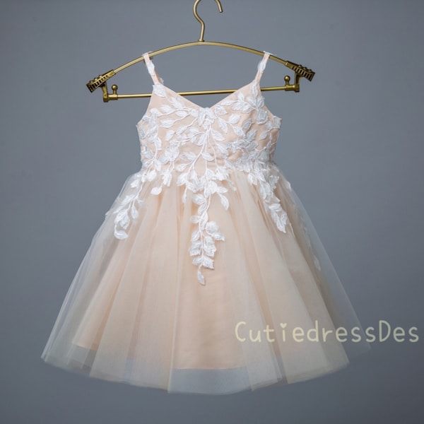 Ivory Lace, Champagne Tulle, Pretty wedding flower girl dress W0016M