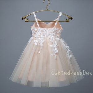 Flower girl dress champagne tulle ivory lace with thin straps dress wedding dress W0016M