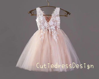 Flower Girl Dress Sheer Bodice Lace Dress V Neckline Buttons on the Back Wedding Dress W0036M