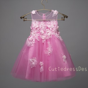 May include: A pink tulle dress with white floral embroidery. The dress has a scoop neckline and a sleeveless design. The dress is on a hanger.