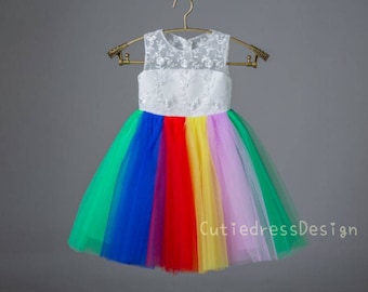 Ivory lace colors tulle knee length wedding flower girl dress W0012M