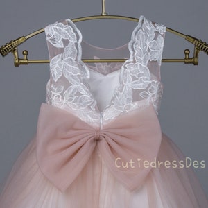 Ivory lace applique bodice open back, rose pink tulle, ivory lace trim at the bottom flower girl dress W0019M image 3