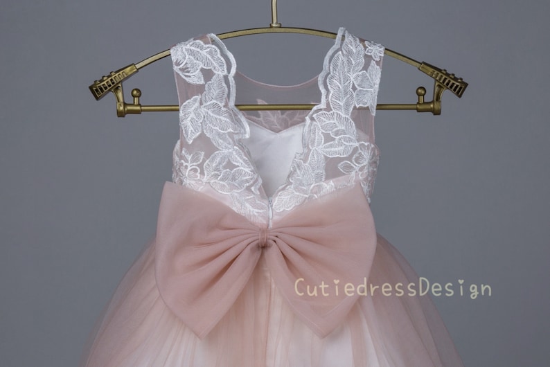 Ivory lace applique bodice open back, rose pink tulle, ivory lace trim at the bottom flower girl dress W0019M image 3