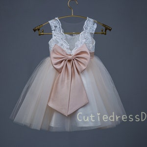 Ivory lace champagne tulle with bow wedding dress flower girl dress pretty dress W0025M