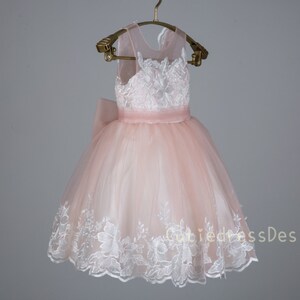 Ivory lace applique bodice open back, rose pink tulle, ivory lace trim at the bottom flower girl dress W0019M image 2