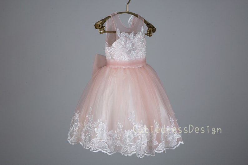 Ivory lace applique bodice open back, rose pink tulle, ivory lace trim at the bottom flower girl dress W0019M image 2