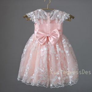 Ivory lace pink tulle cap sleeves knee length weeding flower girl dress W0014M
