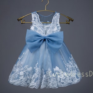 Ivory lace dusty blue tulle with lace trim wedding dress flower girl dress pretty dress W0026M