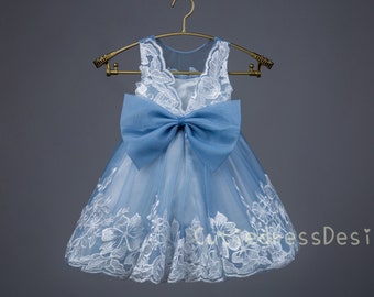 Ivory lace dusty blue tulle with lace trim wedding dress flower girl dress pretty dress W0026M