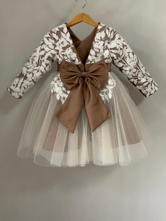 Long sleeves Ivory lace, champagne tulle Mocha Dark Brown lining V back with bow, pretty dress flower girl dress - wedding dress W0046M