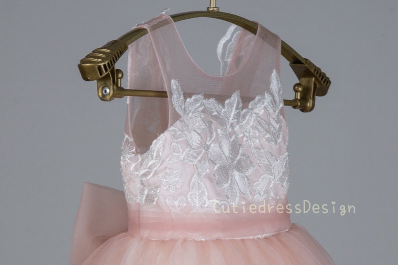 Ivory lace applique bodice open back, rose pink tulle, ivory lace trim at the bottom flower girl dress W0019M image 4