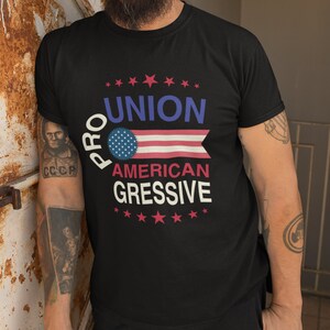 愛国的進歩主義：「連合支持、アメリカ支持、進歩主義」Tシャツで支持を表明