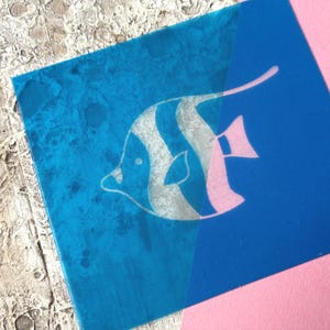 Könnte beinhalten: Ein blaues Quadrat mit einem Fischschablonen-Design. Der Fisch hat silberne und weiße Streifen mit rosa Flossen und Schwanz. Der Hintergrund ist eine strukturierte Oberfläche und ein rosa Quadrat.