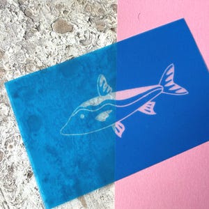 Könnte beinhalten: Ein blauer rechteckiger Aufkleber mit einer weißen Fischzeichnung. Der Aufkleber befindet sich auf einem rosa Hintergrund und einer strukturierten grauen Oberfläche. Der Fisch hat einen rosa Streifen entlang seines Körpers.