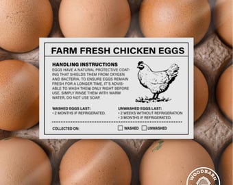 May include: A carton of farm fresh chicken eggs. The eggs are light brown and rest in a cardboard container. A white label provides handling instructions and a drawing of a chicken. The text reads "Farm Fresh Chicken Eggs."