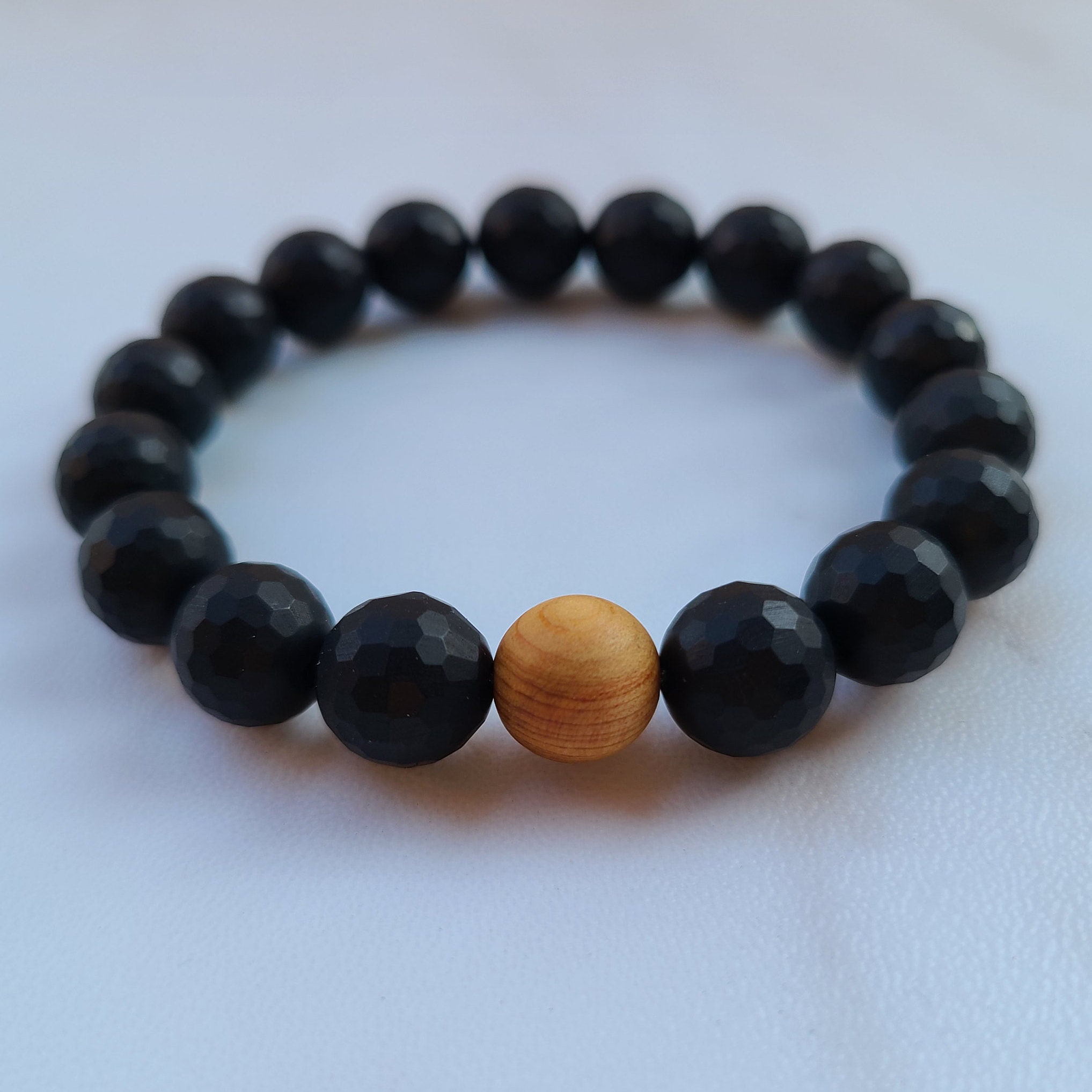 Black Geometric Cut Onyx Bead Bracelet With Wood Accent Bead - Etsy