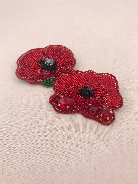 Poppy Brooches Swarovski Crystal Japanese Miyuki Beads. Unique