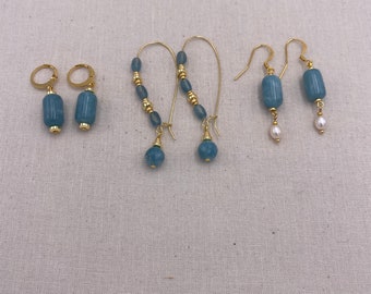 Boucles d'oreilles : Quartz bleu & or