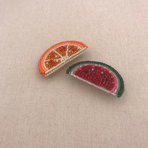 Half-round fruit brooch: Swarovski crystal & Japanese Miyuki beads