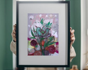 May include: A framed abstract painting featuring a large, teal-colored flower with pink and green accents. The background is a soft pink with white and gray swirls. The painting is surrounded by a black frame.