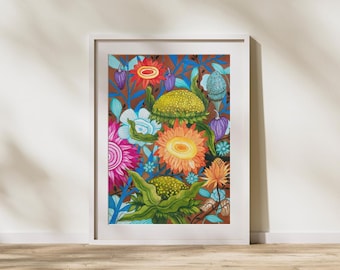 May include: A framed floral art print featuring a vibrant arrangement of colorful flowers. The artwork showcases a variety of blooms in shades of pink, orange, yellow, and blue against a brown background. The print is encased in a white frame.
