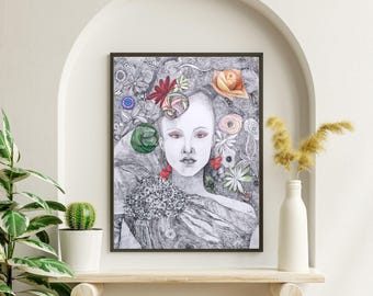 May include: Black framed art print featuring a detailed pencil drawing of a woman's face surrounded by flowers and butterflies. The artwork is displayed on a wooden shelf with a cactus and a vase of dried flowers.