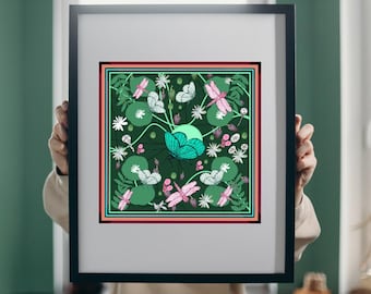 May include: A framed art print featuring a detailed botanical illustration. The artwork showcases a dark green background with a pattern of dragonflies, butterflies, and flowers in shades of pink, white, and teal. The print is framed in a black frame.