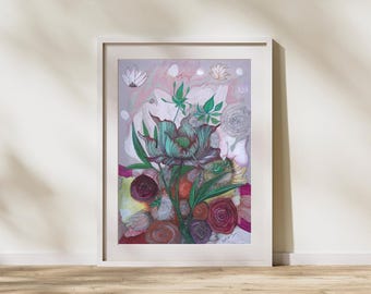 May include: A framed floral art print featuring a detailed botanical illustration. The artwork showcases a central teal flower with green leaves, surrounded by various red and purple blooms. The background has a soft, abstract design with hints of pink and white.