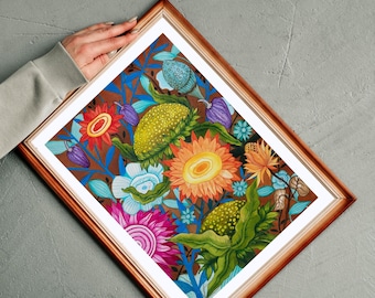 May include: A framed floral art print featuring a vibrant botanical design. The artwork showcases colorful flowers in shades of orange, yellow, pink, and blue against a brown background. The frame is made of wood.