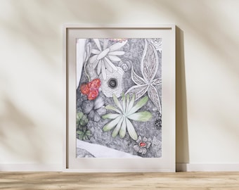 May include: A framed botanical art print featuring a detailed pencil drawing of various flowers and foliage. The artwork includes white, green, and red accents against a gray background. The print is displayed in a white frame and leans against a wall.