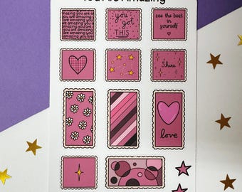 You Are Amazing Dusky Pink Sticker Sheet, Stamp Style Sticker Sheet, Pink Stickers, Planner Stickers, Bullet Journal, Scrapbook