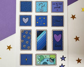 You Are Amazing Blue Stamp Sticker Sheet, Stamp Style Sticker Sheet, Blue Stickers, Planner Stickers, Bullet Journal, Scrapbook