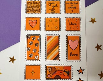 You Are Amazing Orange Stamp Sticker Sheet, Stamp Style Sticker Sheet, Bright Orange Stickers, Planner Stickers, Bullet Journal, Scrapbook