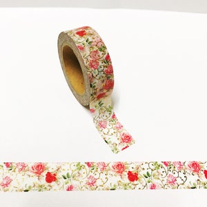 Cinta washi con flores de papel dorado rosa y rojo, washi con papel dorado, planificador, bullet journal, accesorios para scrapbook, cinta washi de 15 mm, washi rosa