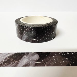 Cinta washi negra con estrellas del espacio, 15 mm x 10 m, para planificador, constelación, galaxia, nebulosa, estrellas, papel plateado, para Bullet Journal, Bujo