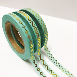 Conjunto de cintas Washi, 3 cintas Washi delgadas, Washi fino azul, cinta Washi de lámina de oro, Washi flaco, Washi de 5 mm, Washi turquesa, Washi irregular, Planificador