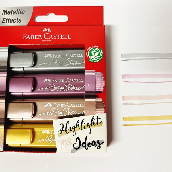 Faber Castell Metallic Glitter Highlighters, Gold Silver, Lilac, and Bronze Highlighters, Metallic Pens, Bullet Journal Accessories, Planner