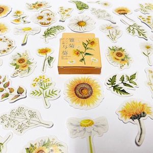 Pegatinas de girasol, pegatinas florales, pegatinas de naturaleza, juego de pegatinas, paquete de pegatinas para álbumes de recortes, accesorios para planificadores, pegatinas para Bullet Journal Bujo