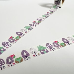 Cinta washi morada con árboles y casas, washi de escenas callejeras, bullet journal, agenda, washi de árboles, washi de casas, material para scrapbooking