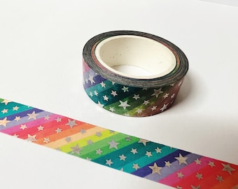 Rainbow Stars Washi Tape, Silver Foil Washi Tape, Stars Washi Tape, Rainbow Washi Tape, Washi Tape, Bullet Journal, Planner, Pattern Washi